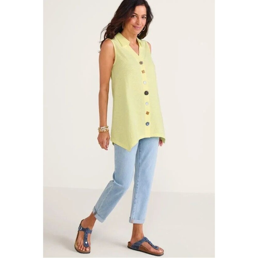 Soft Surroundings Top Womens Medium Danielle Tunic Buttons Sleeveless Boho Artsy